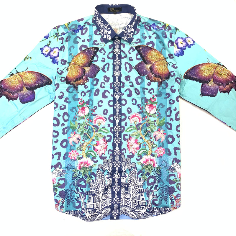 Barocco Men's Teal 'BUTTER FLY EXCHANGE' Crystal Button Up Shirt - Dudes Boutique