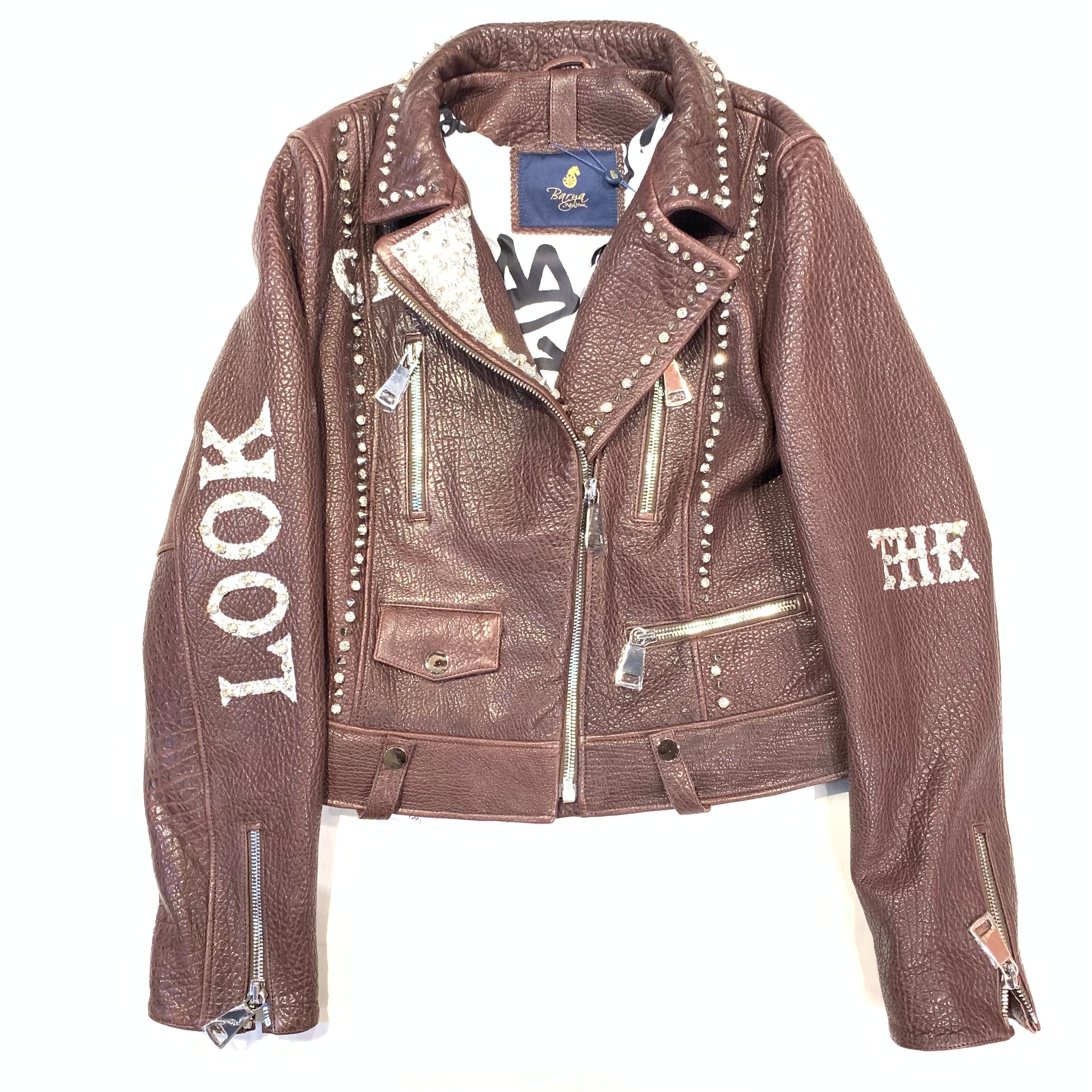 Barya NewYork Ladies Chocolate Spiked Crystal Biker Jacket - Dudes Boutique