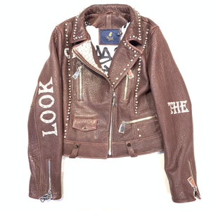 Barya NewYork Ladies Chocolate Spiked Crystal Biker Jacket - Dudes Boutique