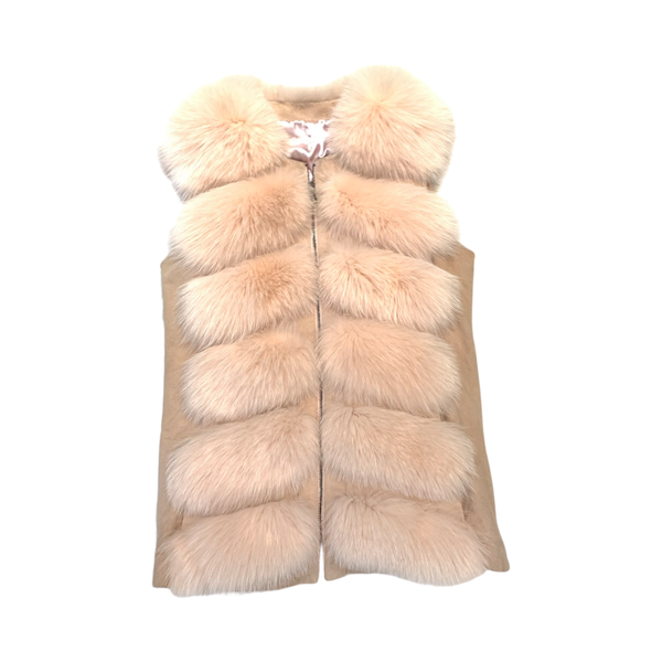 Barya NewYork Ladies Peach Fox Fur Suede Zipper Vest - Dudes Boutique