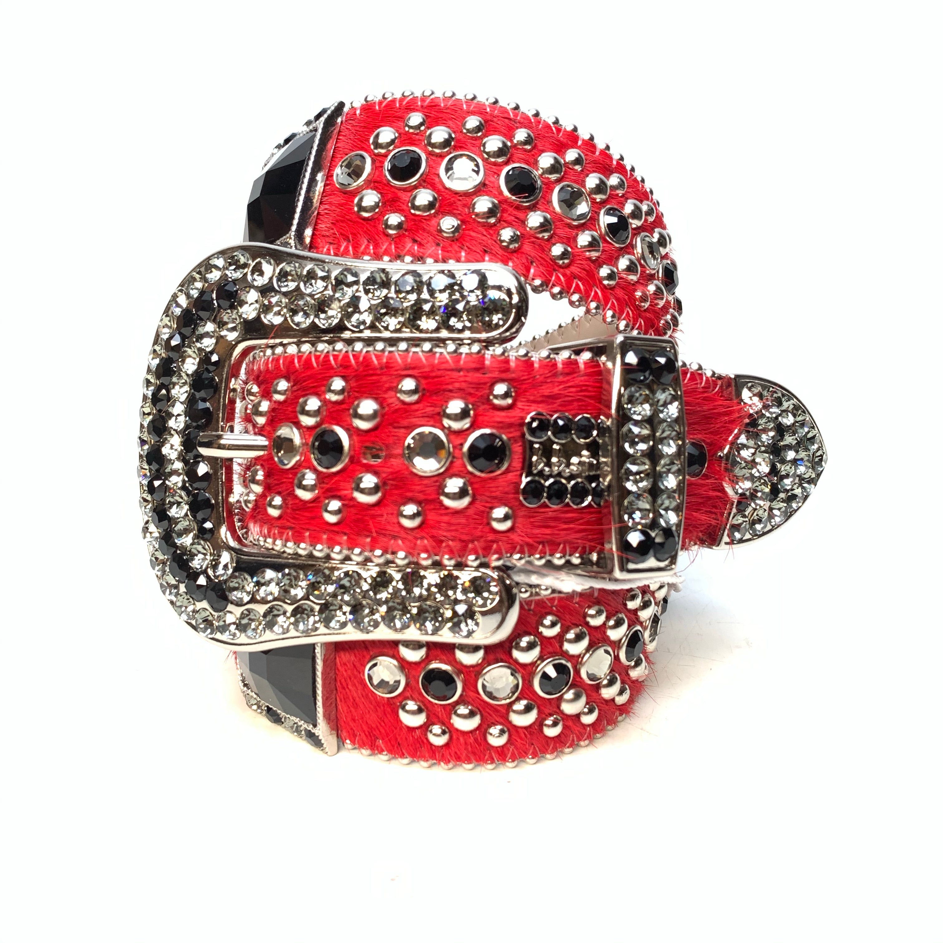 b.b. Simon Red Black Big Block Pony Crystal Belt - Dudes Boutique