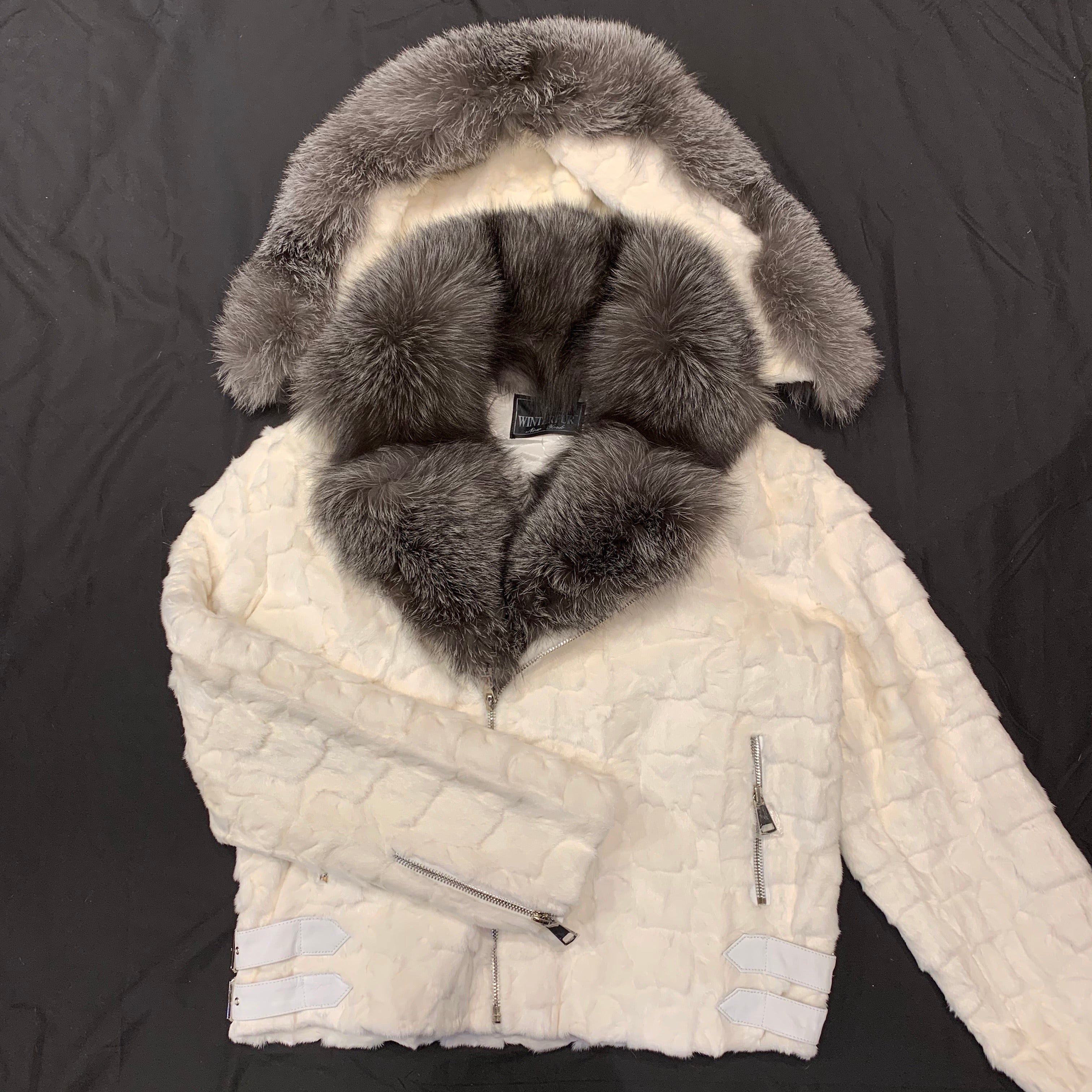 Kashani White Mink Diamond Cut Hooded Silver Fox Bomber Jacket - Dudes Boutique