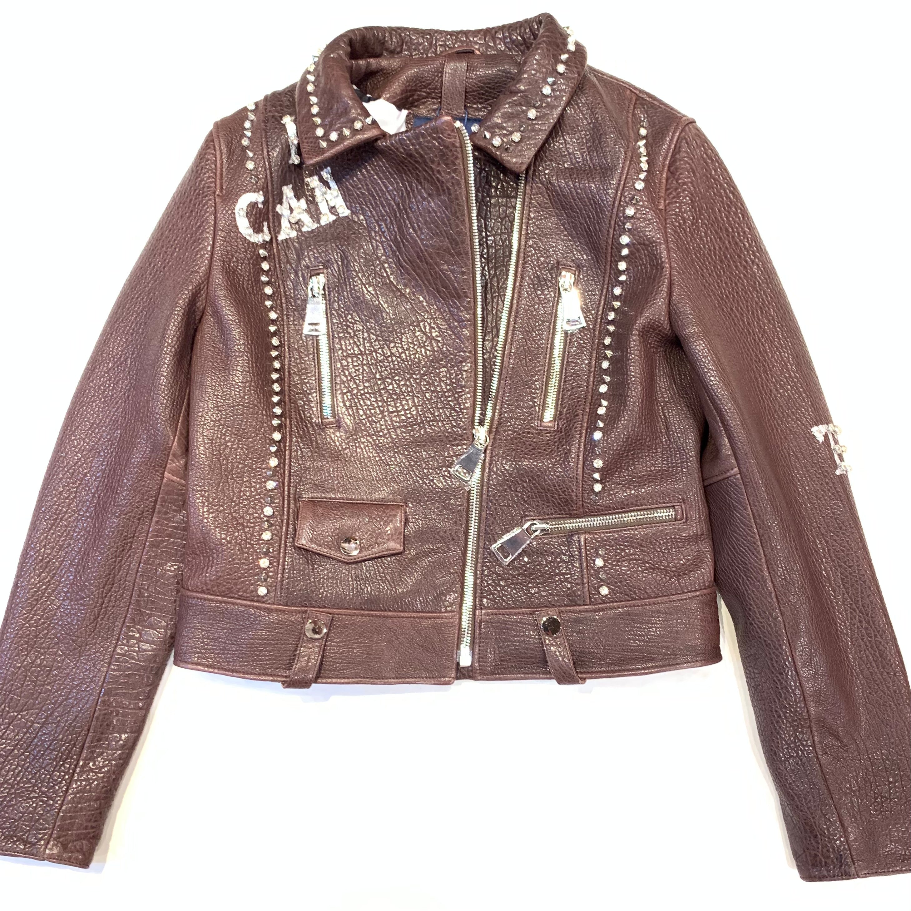 Barya NewYork Ladies Chocolate Spiked Crystal Biker Jacket - Dudes Boutique