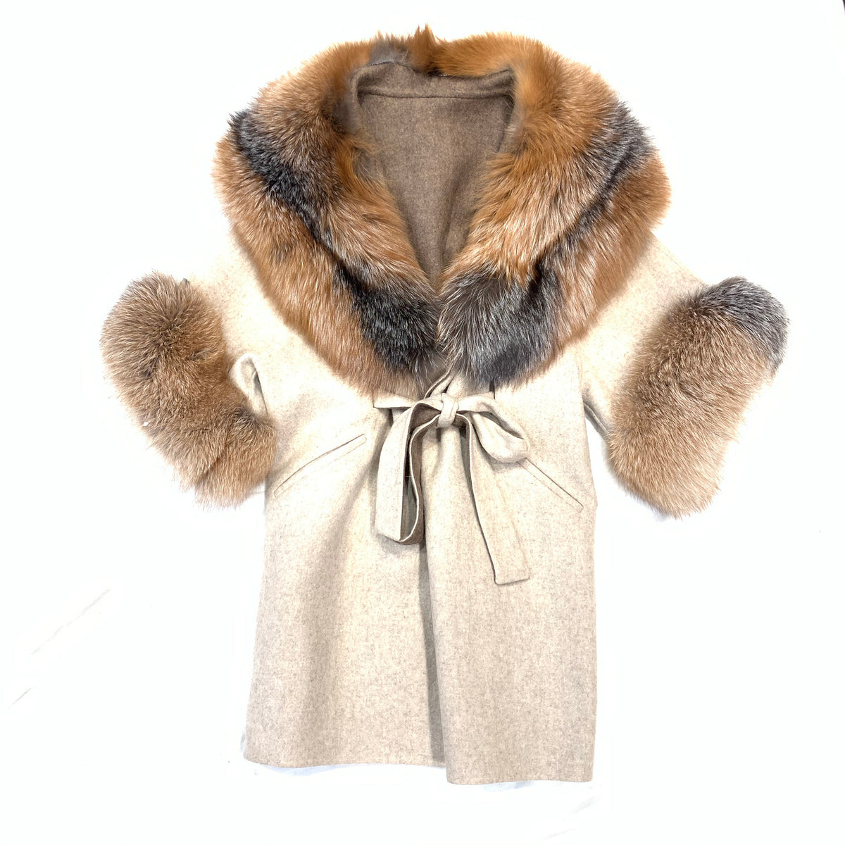 Barya NewYork White Wool Hooded Red Fox Fur 3/4 Poncho Coat - Dudes Boutique