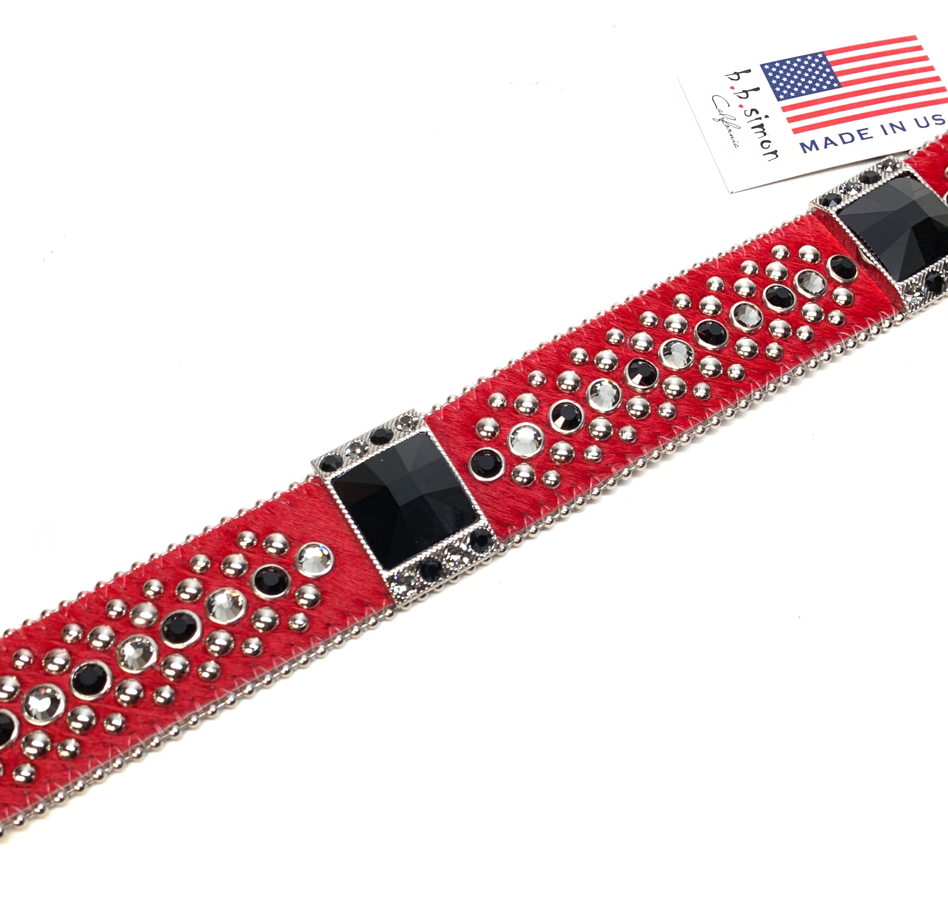 b.b. Simon Red Black Big Block Pony Crystal Belt - Dudes Boutique