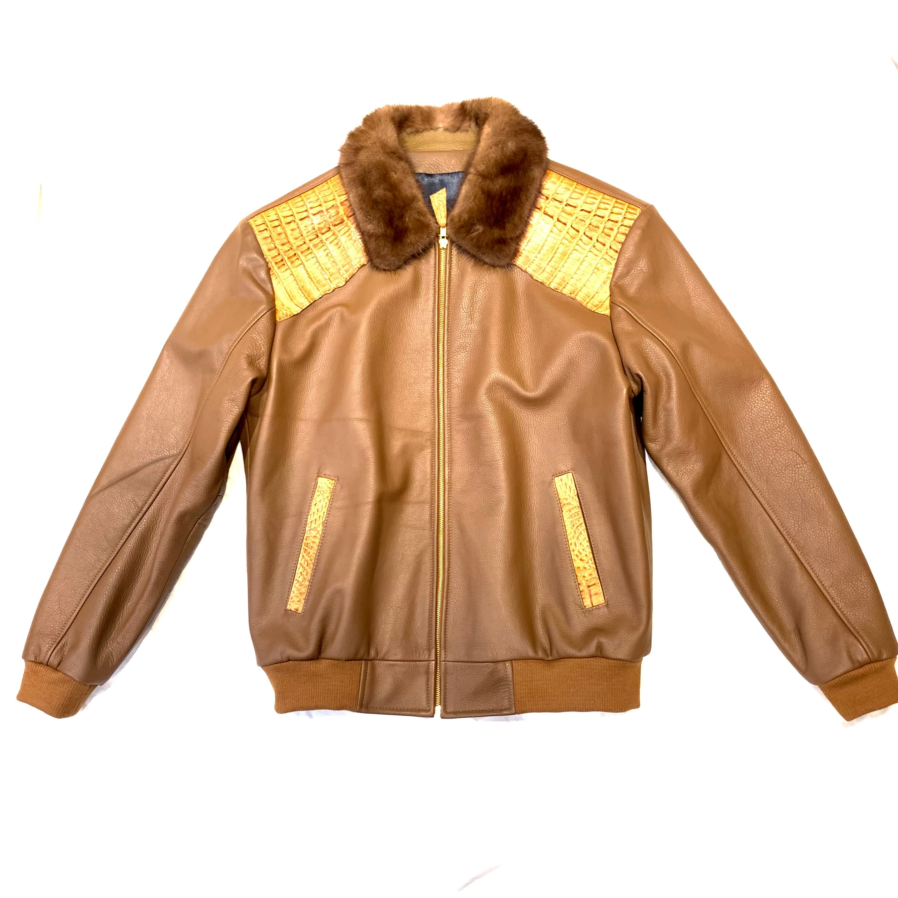 Kashani Men's Two Tone Brown Alligator/ Lambskin Mink Collar Bomber Jacket - Dudes Boutique