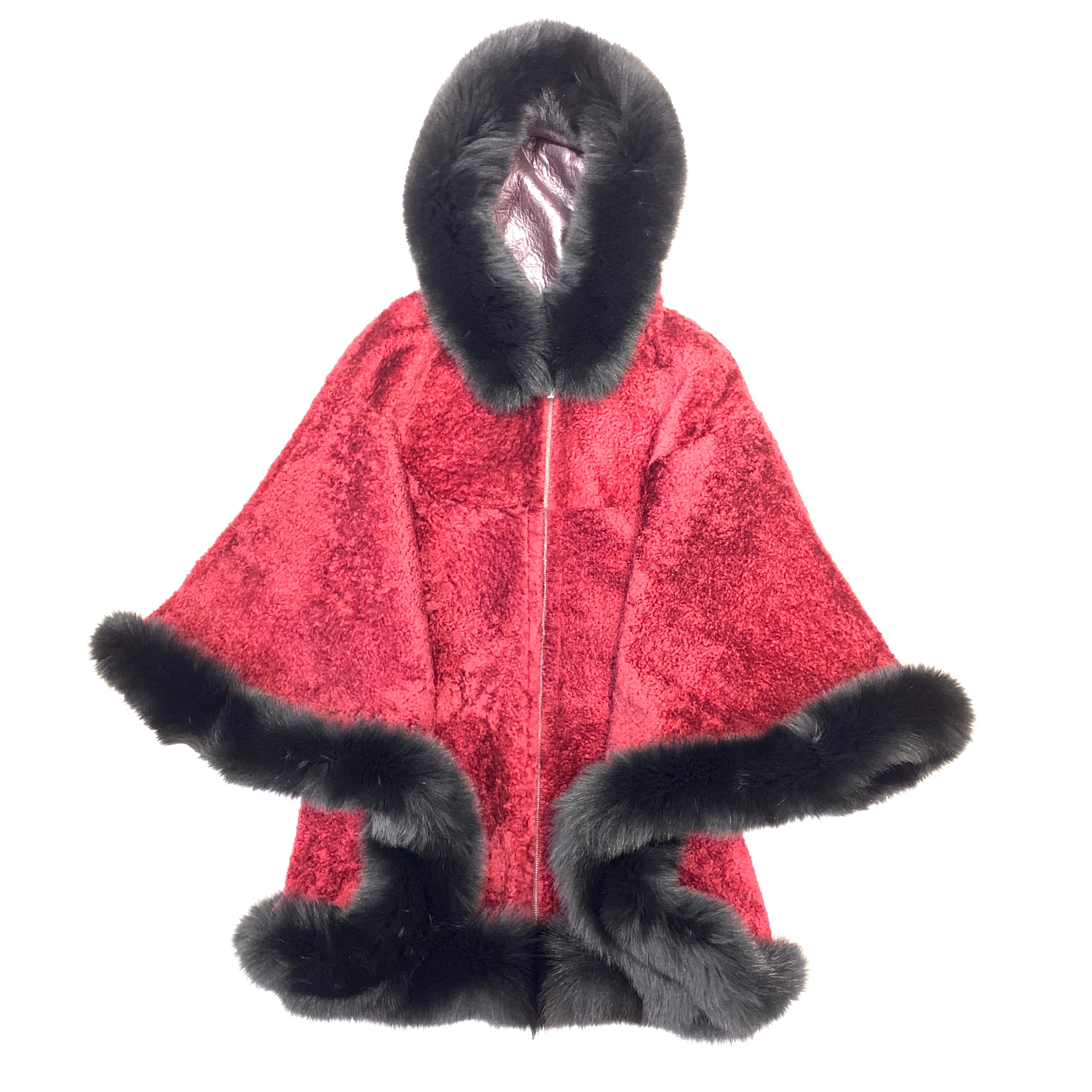 Barya NewYork Wine Wool Hooded Fox Fur Poncho - Dudes Boutique