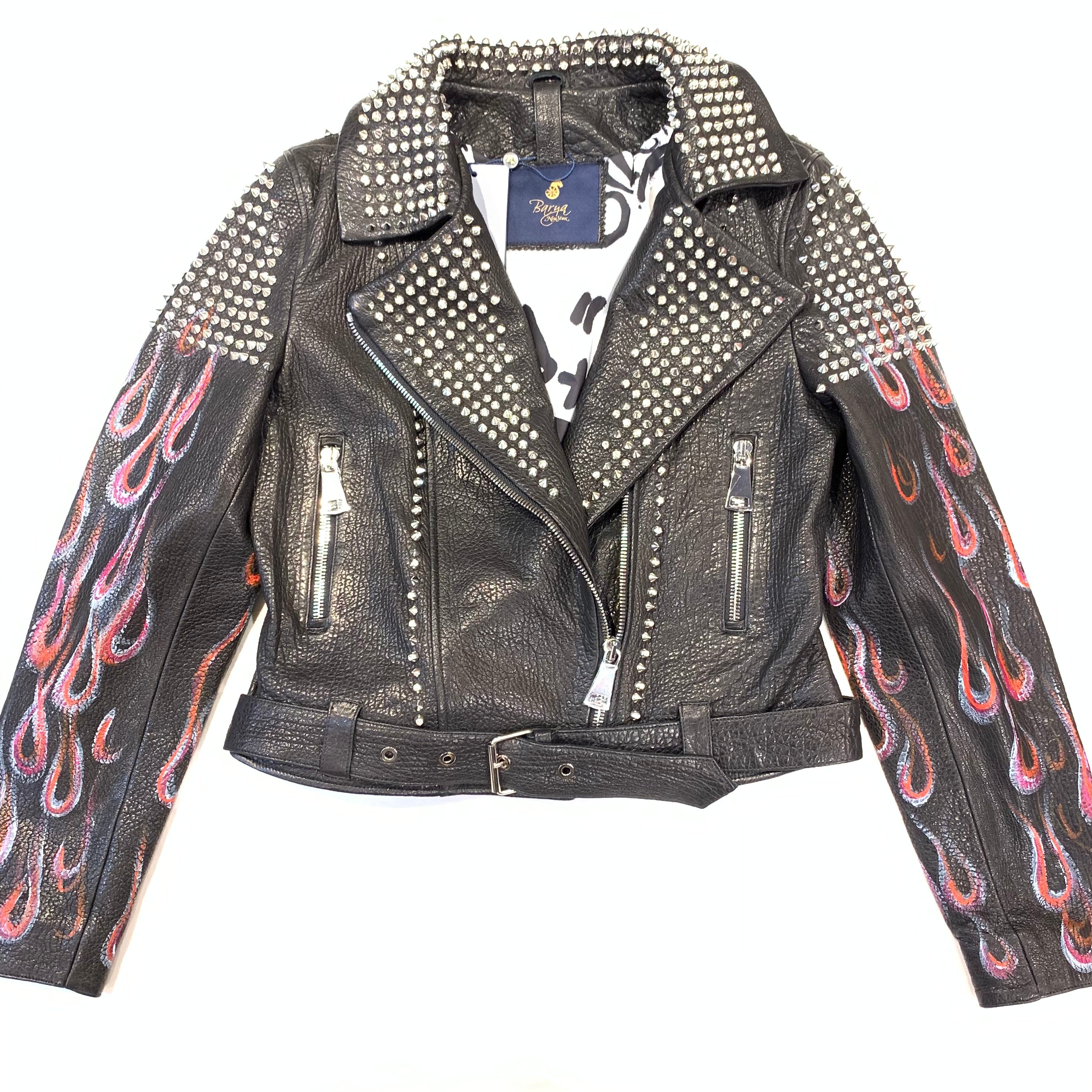 Barya NewYork Ladies Rose Fire Painted Spiked Biker Jacket - Dudes Boutique