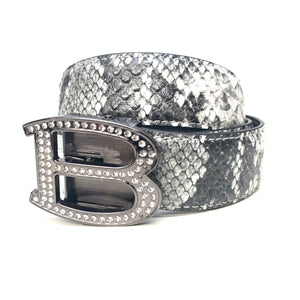 Barabas 'B" Shiny Black/White Snake Adjustable Luxury Leather Dress Belt - Dudes Boutique