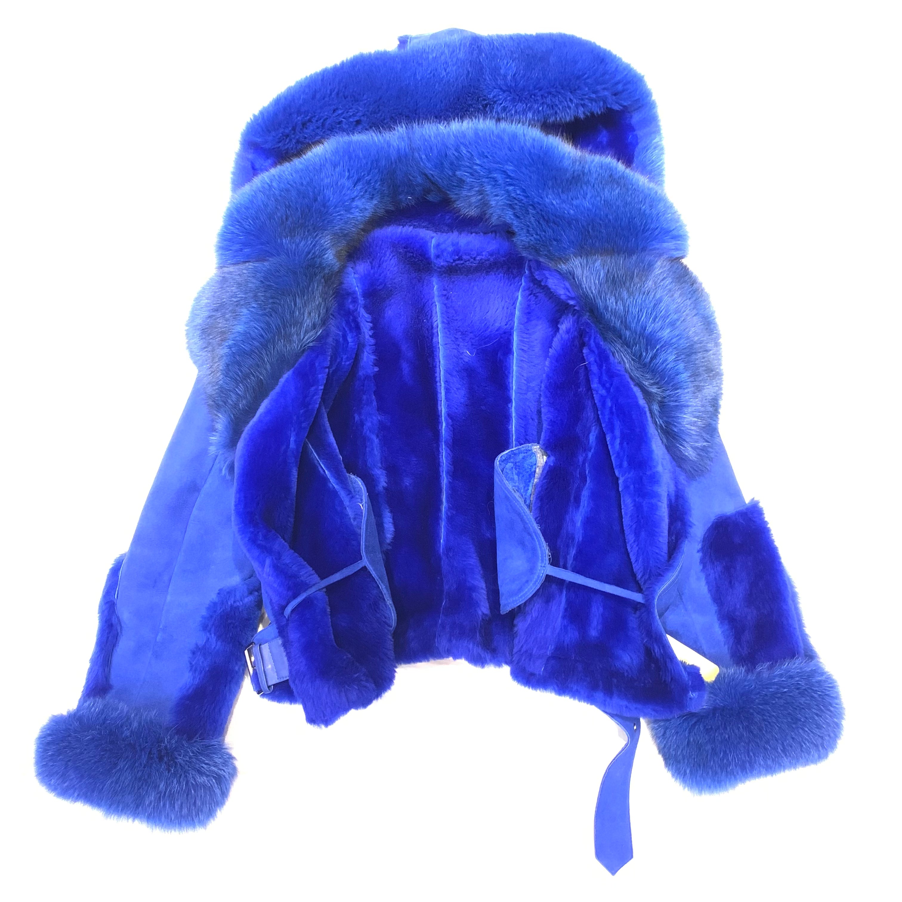 Kashani Ladies Royal Blue Biker Fox Shearling Coat - Dudes Boutique