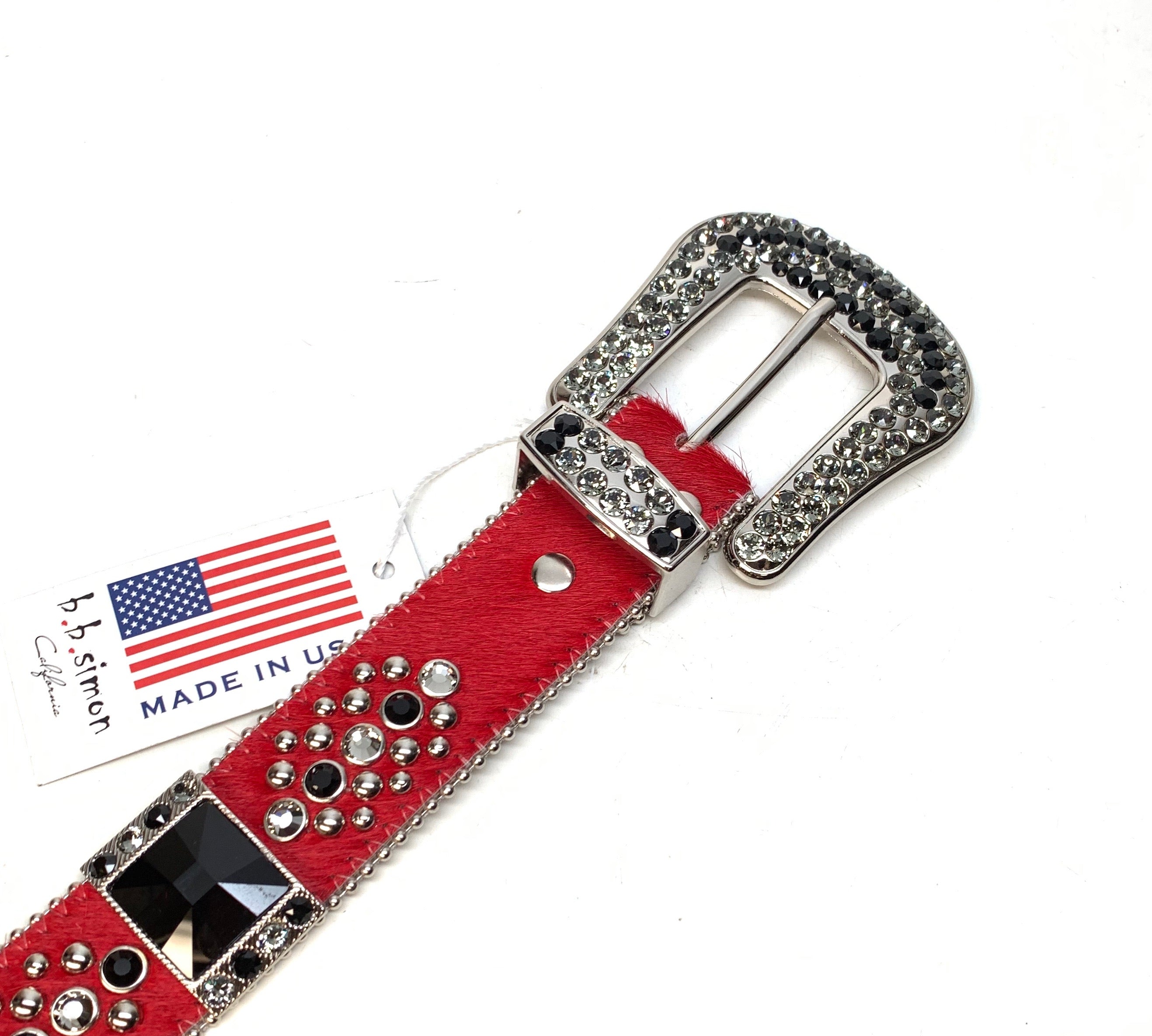 b.b. Simon Red Black Big Block Pony Crystal Belt - Dudes Boutique