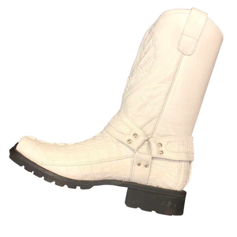 Los Altos Harness White Crocodile Tail Biker Boots - Dudes Boutique