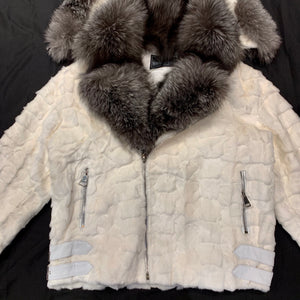 Kashani White Mink Diamond Cut Hooded Silver Fox Bomber Jacket - Dudes Boutique