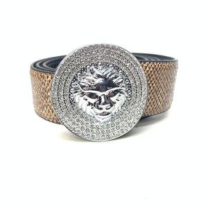 Barabas "Lion Guard" Shiny Silver/Brown Snake Adjustable Luxury Leather Dress Belt - Dudes Boutique