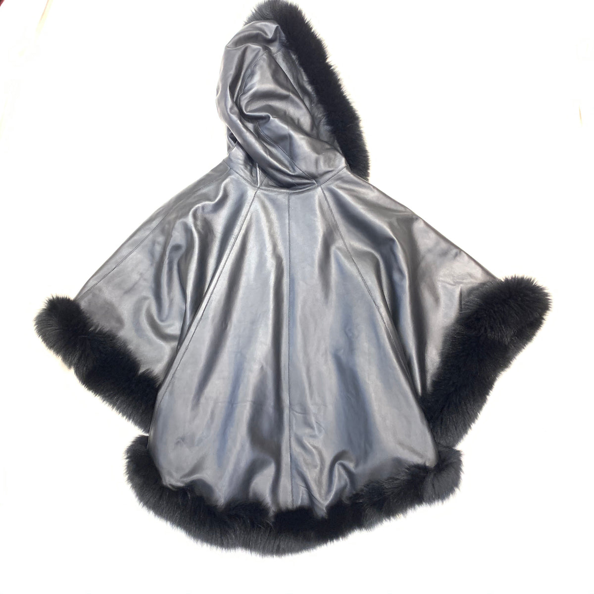 Barya NewYork Black Lambskin Hooded Fox Fur Reversible Poncho - Dudes Boutique