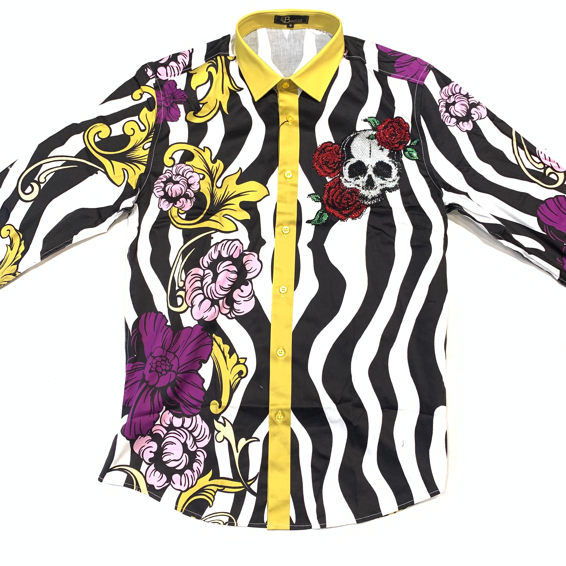Barocco Men's Skull Rose Crystal Button Up Shirt - Dudes Boutique