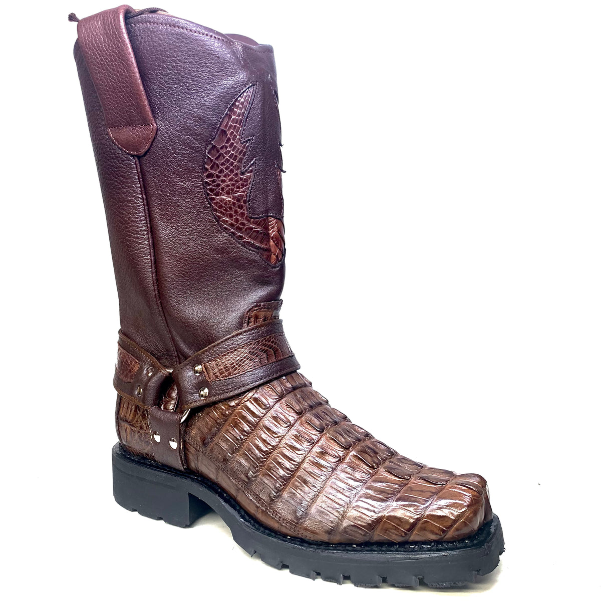 Los Altos Brown Harness Crocodile Biker Boots - Dudes Boutique