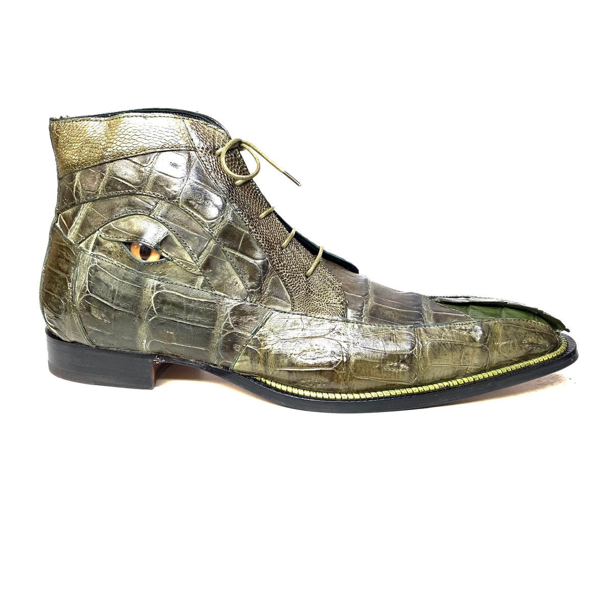 Mauri-3079 "Eye" Olive Green Alligator Tail / Ostrich Leg Dress Ankle Boots - Dudes Boutique