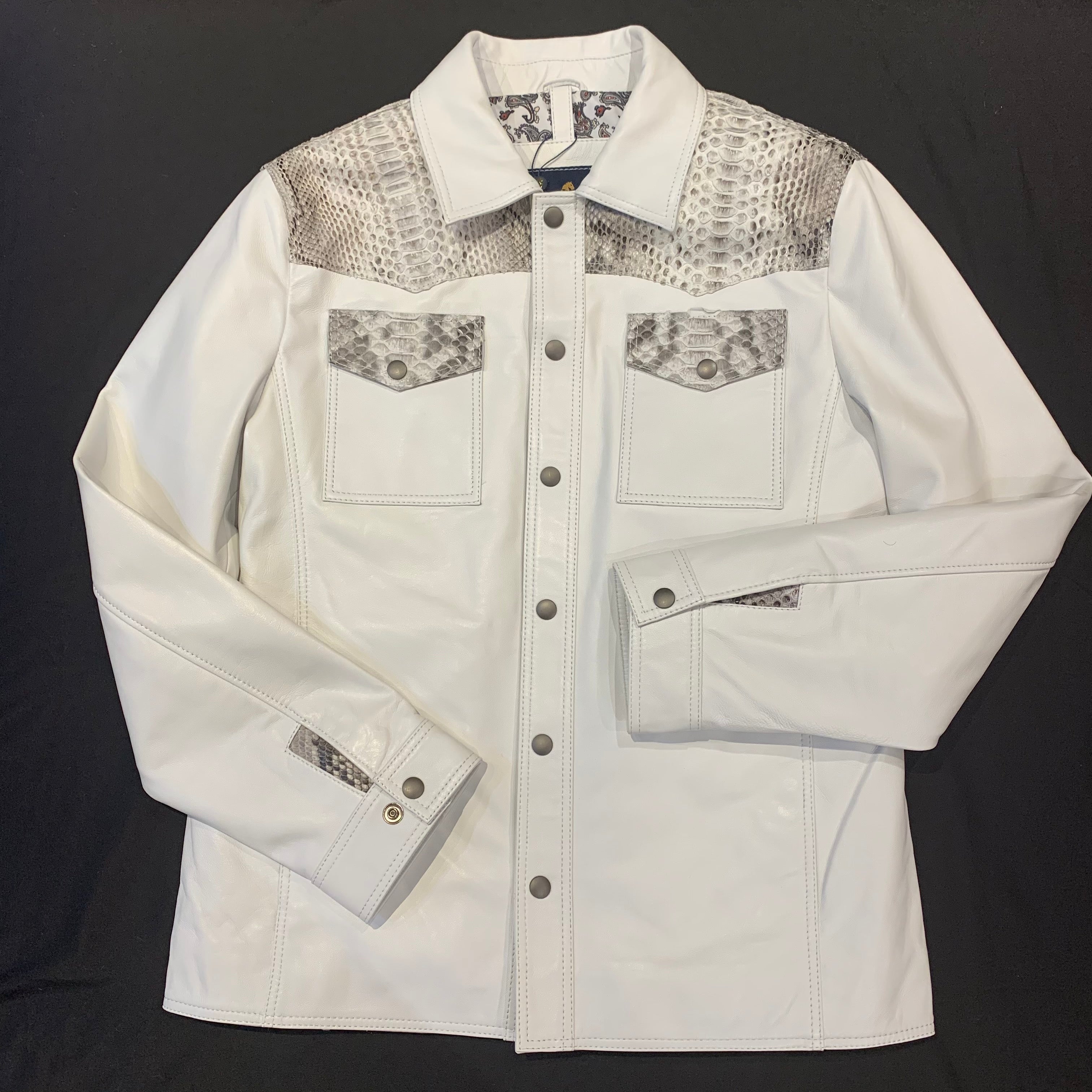 Barya NewYork White/Natural Python Snakeskin Button-Up Shirt - Dudes Boutique