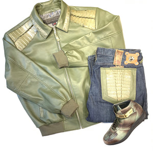 Kashani Olive Alligator Bomber Jacket - Dudes Boutique