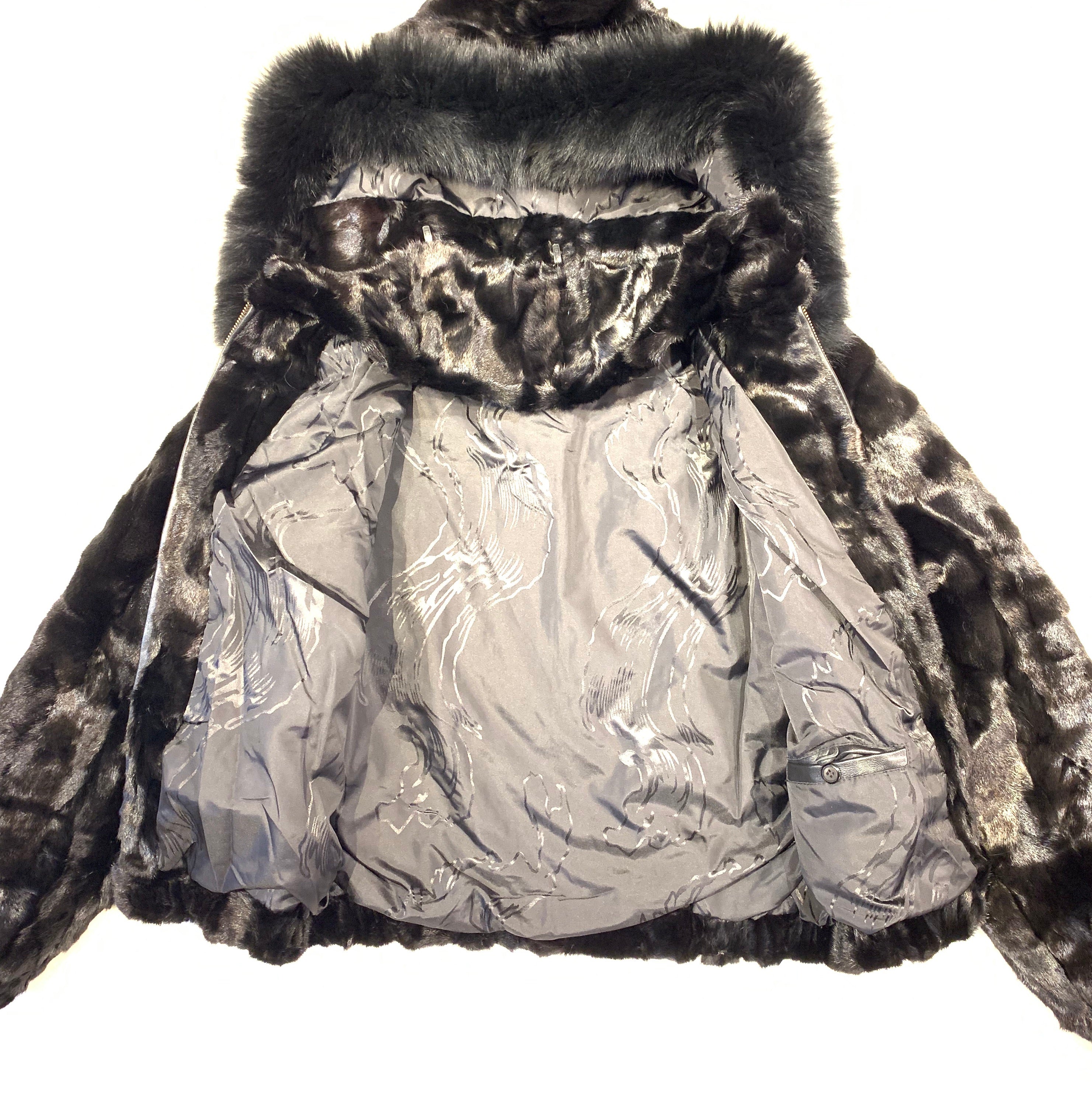 Kashani Ladies Black Diamond Cut Mink Hooded Bomber Jacket - Dudes Boutique