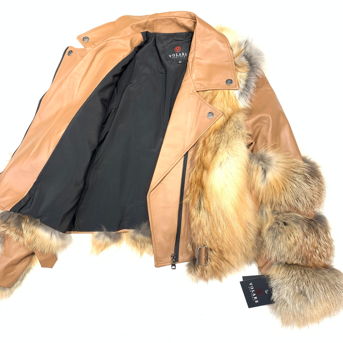 Volare Cognac Fox Fur Biker Jacket - Dudes Boutique