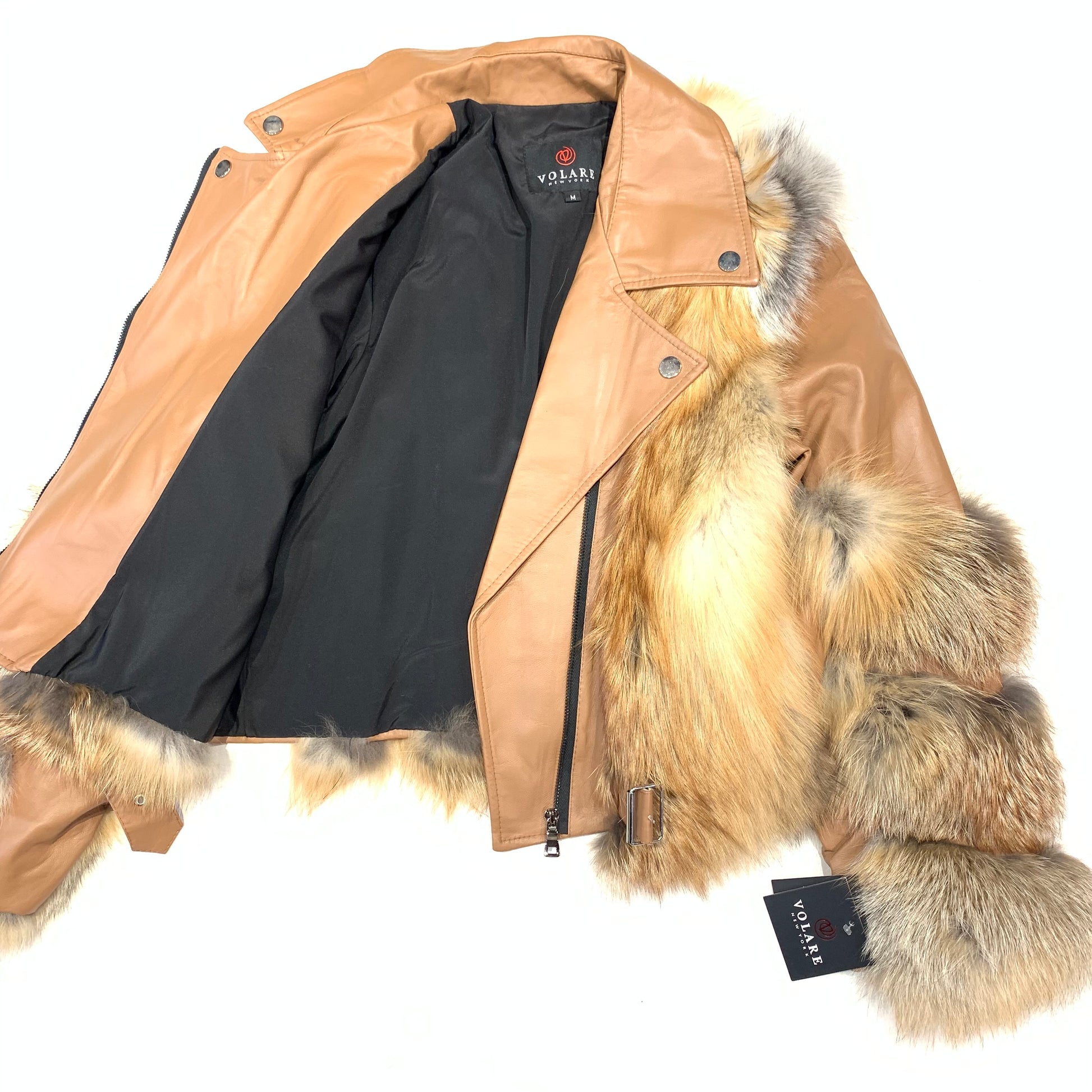 Volare Cognac Fox Fur Biker Jacket - Dudes Boutique