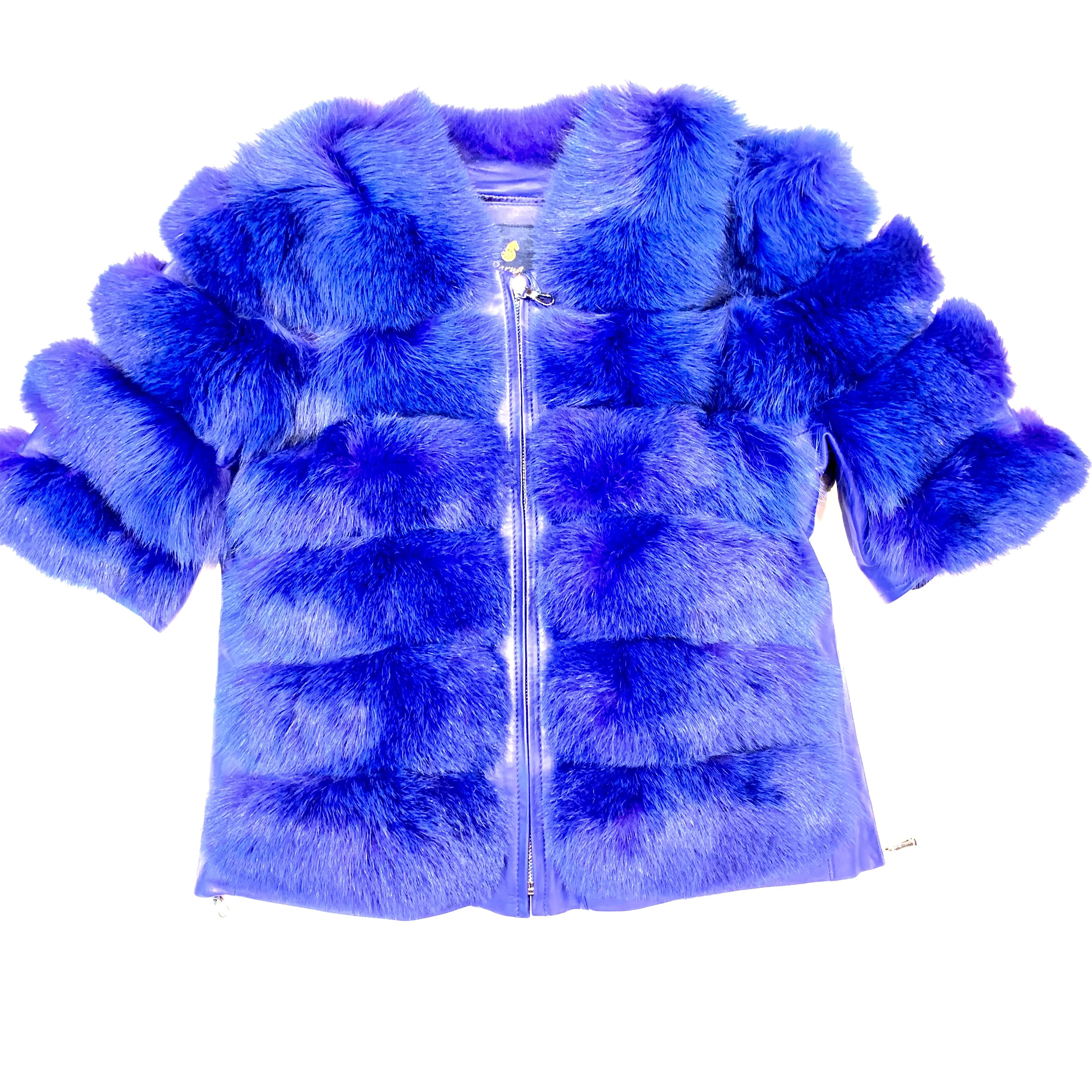 Kashani Ladies Blue Fox Fur Removable Sleeve Fur Coat - Dudes Boutique