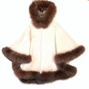 Barya NewYork White Wool Hooded Fox Fur Poncho - Dudes Boutique