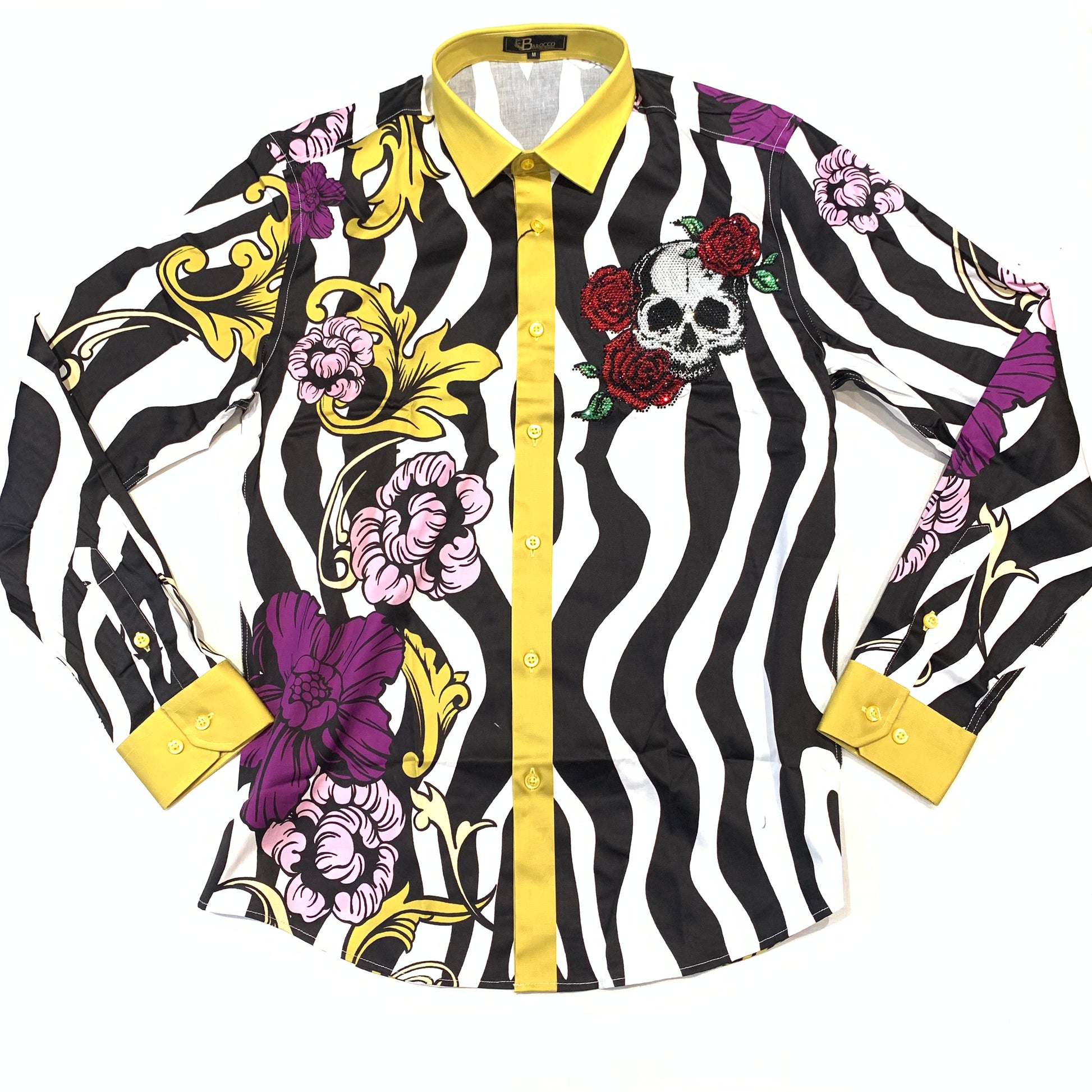 Barocco Men's Skull Rose Crystal Button Up Shirt - Dudes Boutique