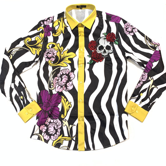 Barocco Men's Skull Rose Crystal Button Up Shirt - Dudes Boutique