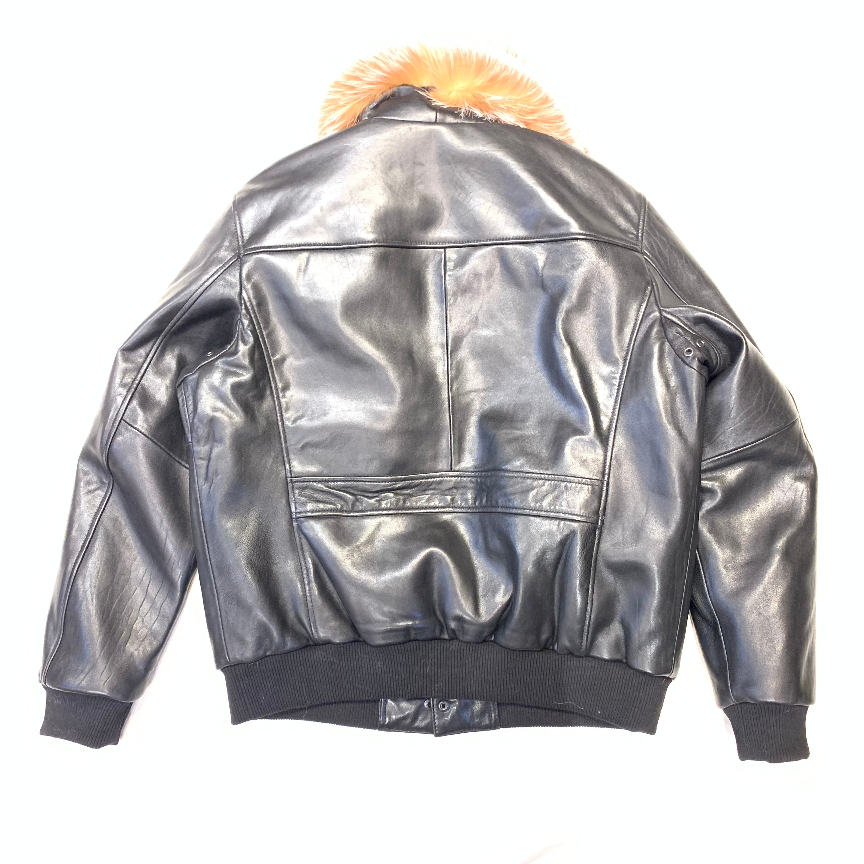 Daniels Leather Black Lambskin Red Fox Collar Bomber Jacket - Dudes Boutique