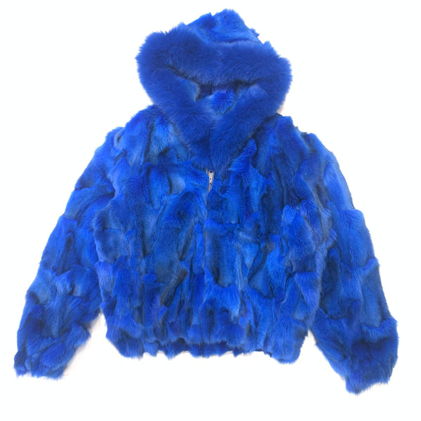 Kashani Women's Royal Blue Full Fox Fur  Hooded Bomber Coat - Dudes Boutique