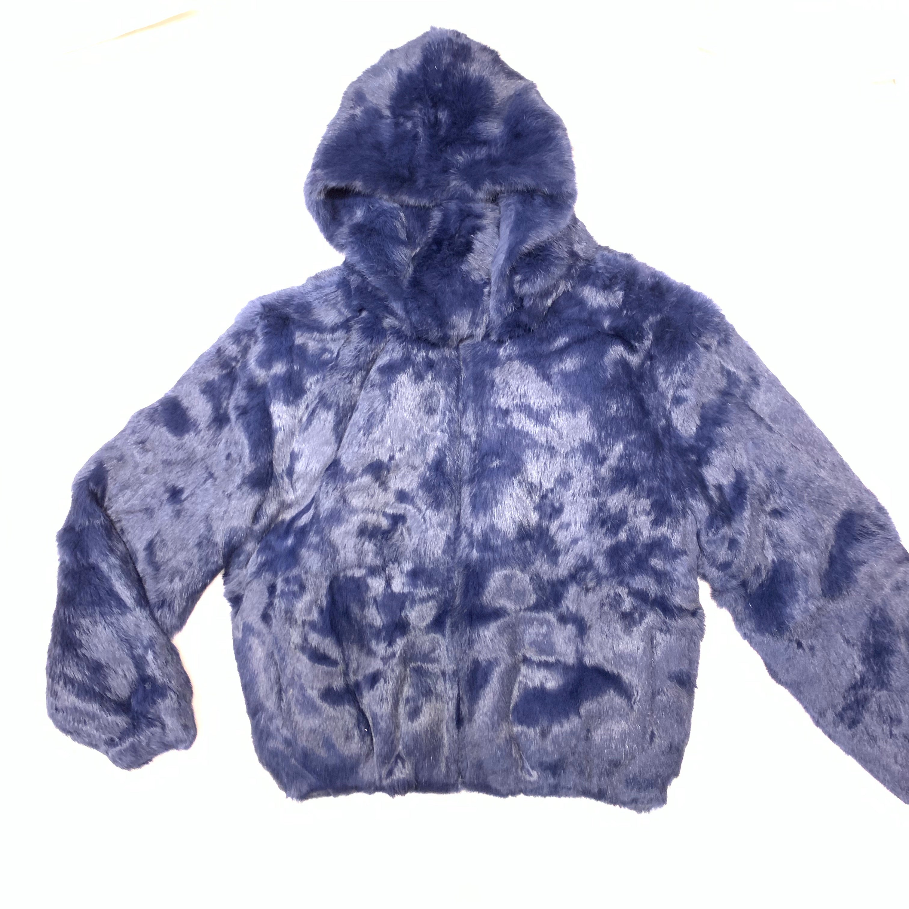 Kashani Navy Men's Blue Rabbit Fur Hooded Bomber Jacket - Dudes Boutique