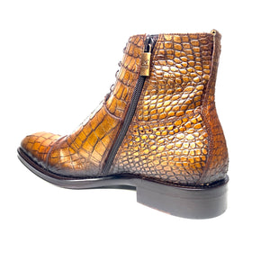 Jo Ghost Embossed Alligator Cognac Button Strap Ankle Boots - Dudes Boutique