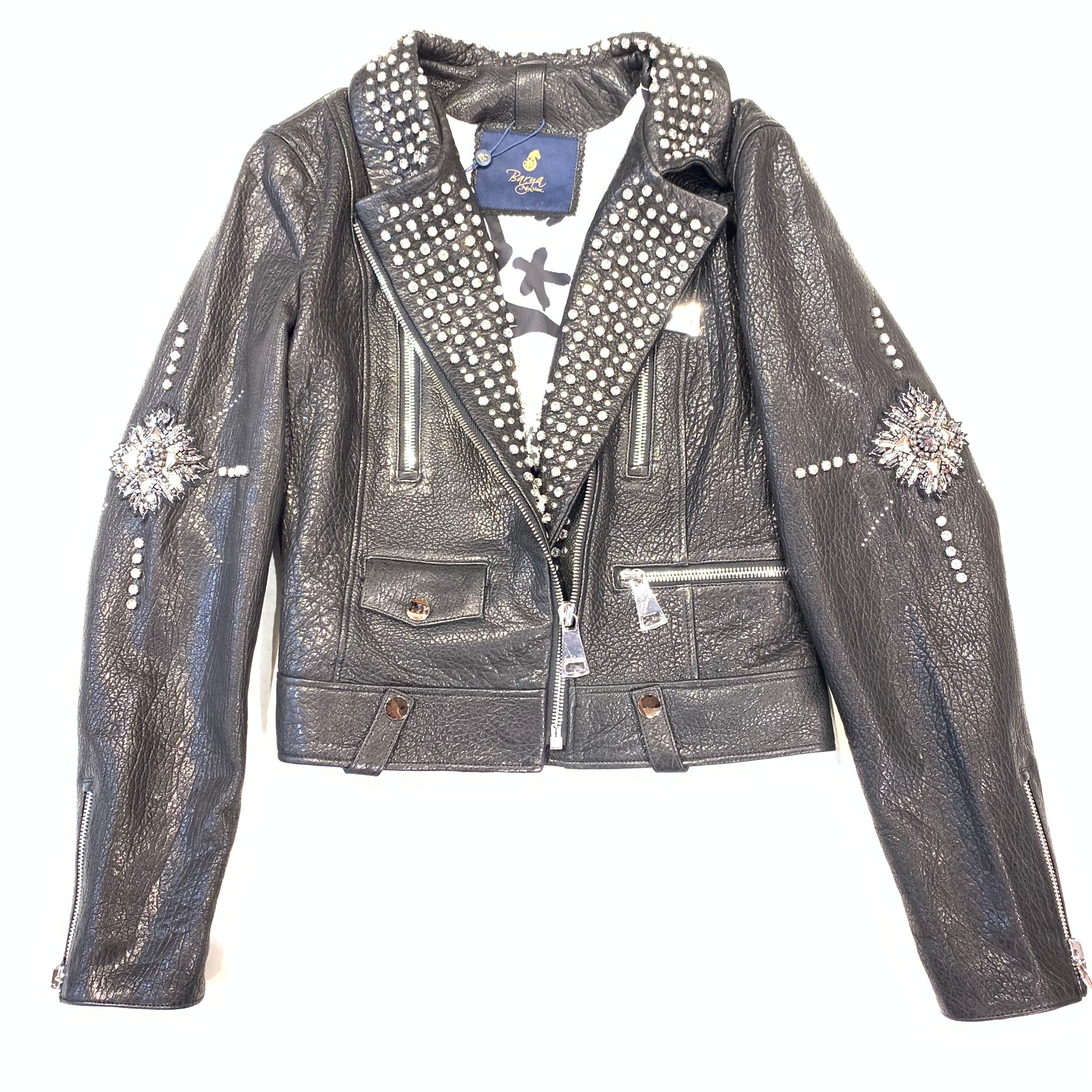 Barya NewYork Ladies Black Crystal Spiked Biker Jacket - Dudes Boutique