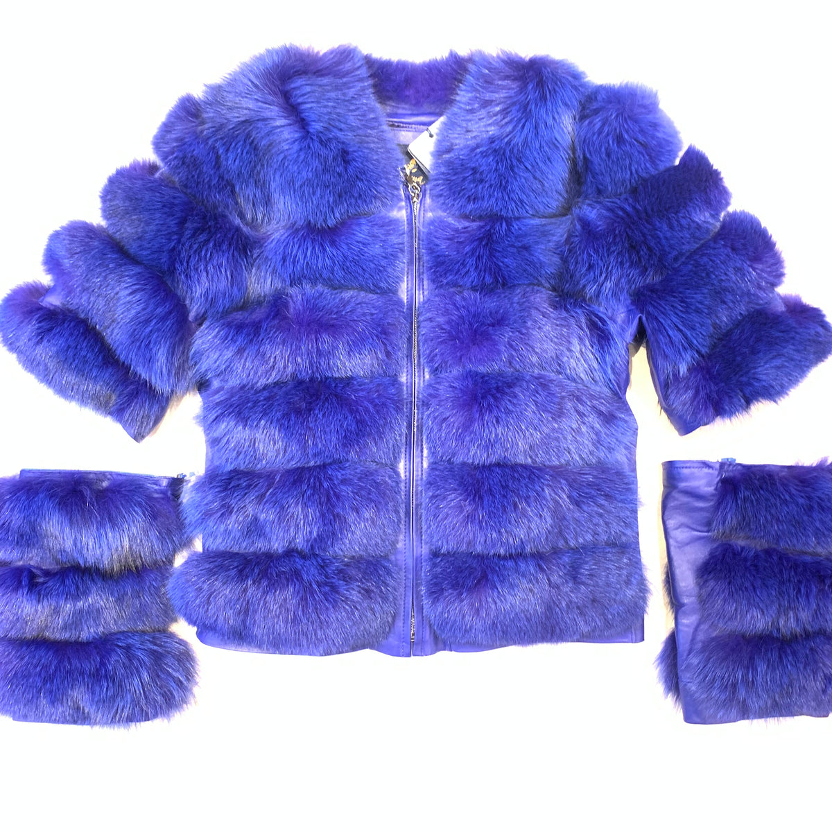 Kashani Ladies Blue Fox Fur Removable Sleeve Fur Coat - Dudes Boutique