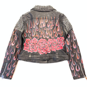 Barya NewYork Ladies Rose Fire Painted Spiked Biker Jacket - Dudes Boutique