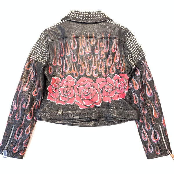 Barya NewYork Ladies Rose Fire Painted Spiked Biker Jacket - Dudes Boutique