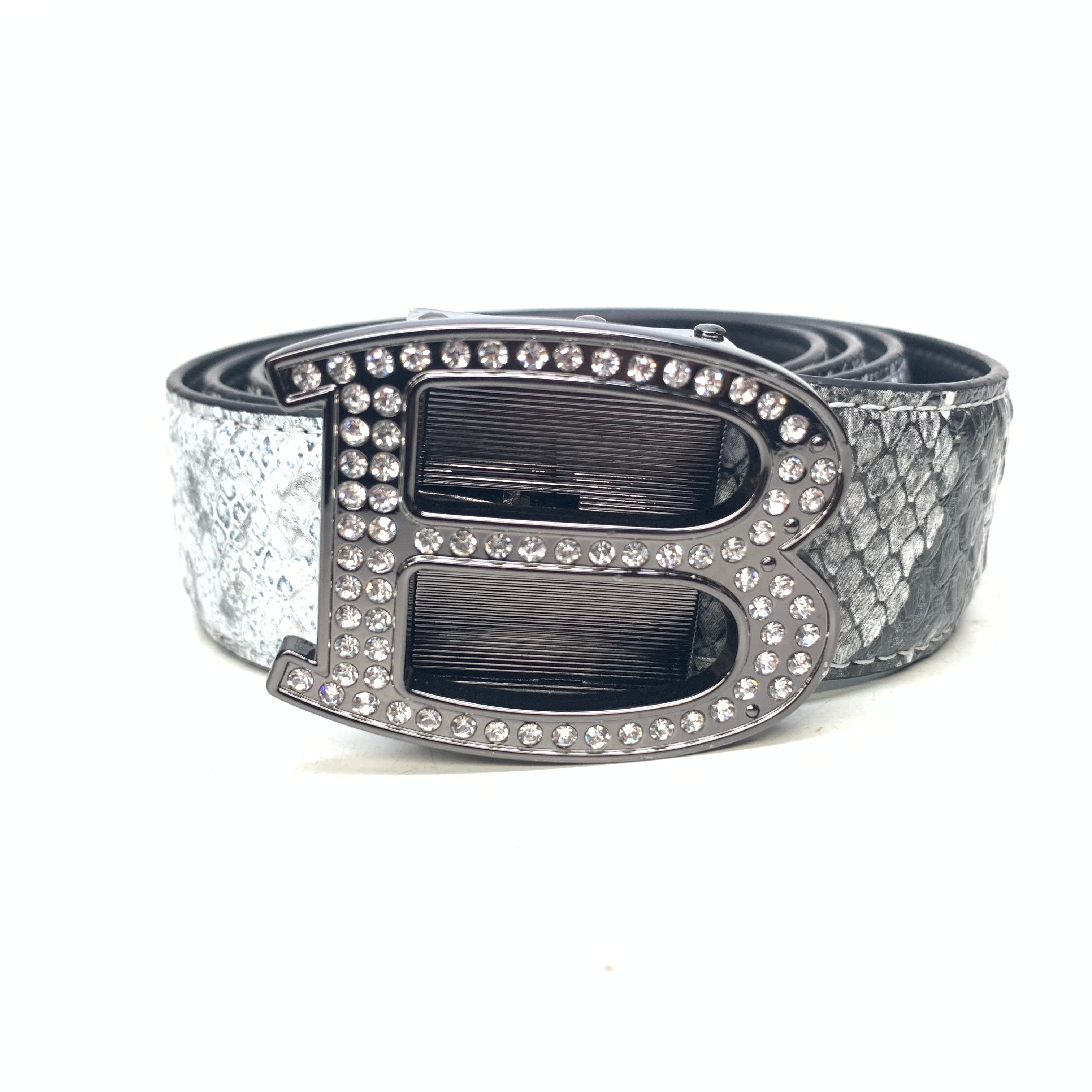 Barabas 'B" Shiny Black/White Snake Adjustable Luxury Leather Dress Belt - Dudes Boutique