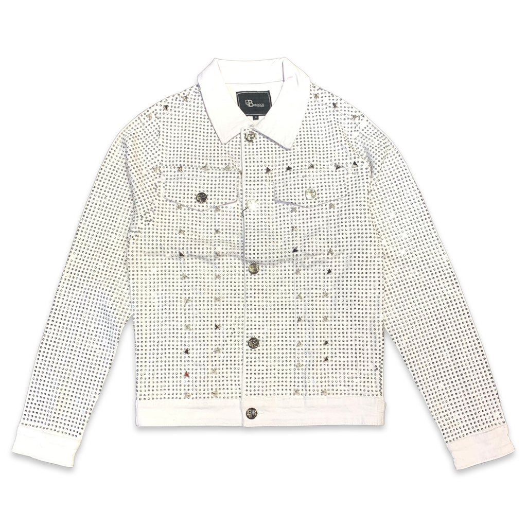Barocco Men's White Fully Loaded Crystal Spiked Jean Jacket - Dudes Boutique
