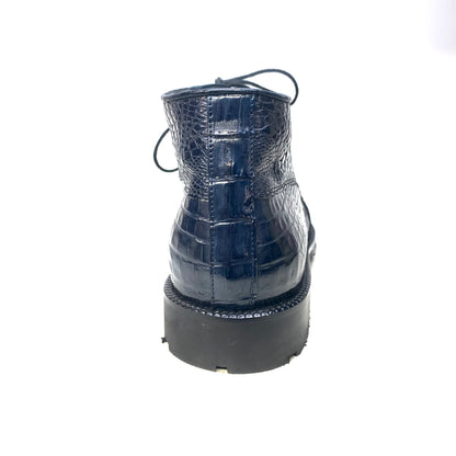 Los Altos Navy Hornback All-Over Crocodile Lace Up Ankle Boots - Dudes Boutique