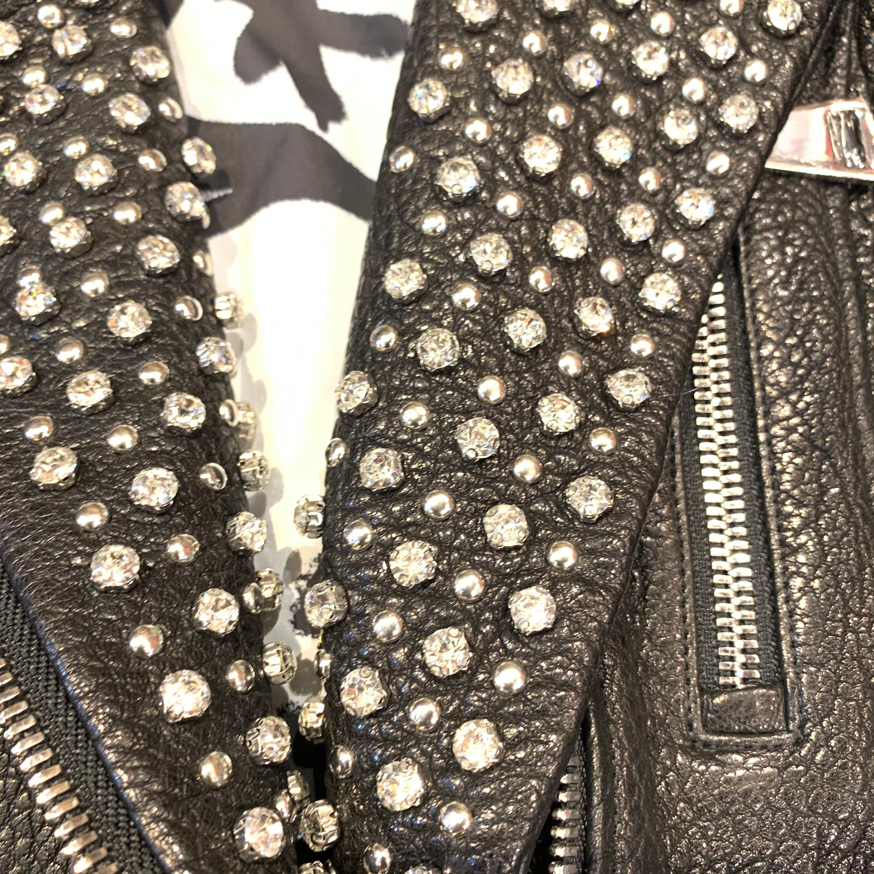 Barya NewYork Ladies Black Crystal Spiked Biker Jacket - Dudes Boutique