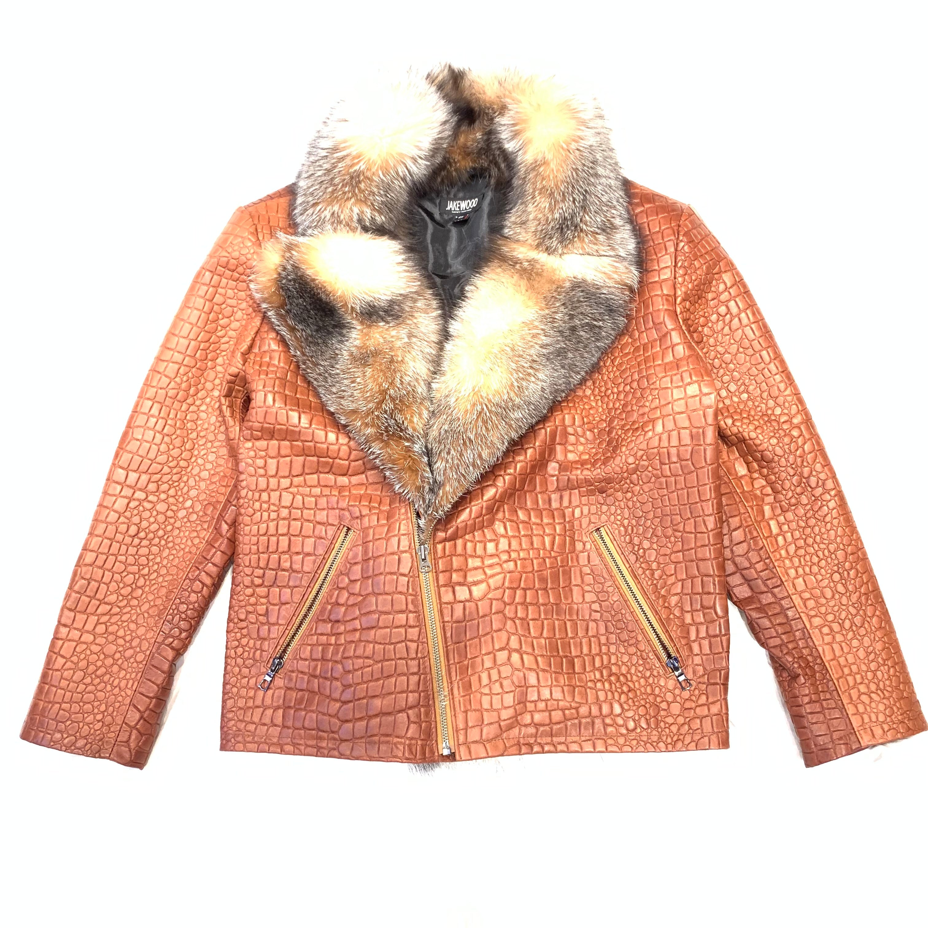 Kashani Men's Cognac Gator Embossed Fox Collar Biker Jacket - Dudes Boutique