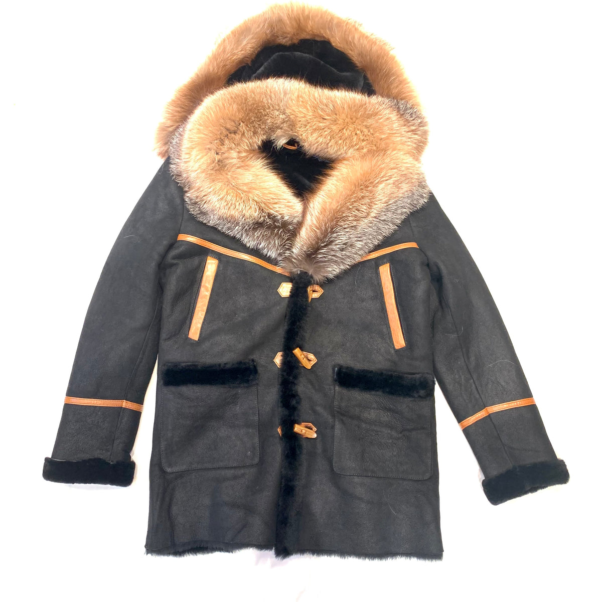 Barya NewYork Black Fox Fur Hooded/ Collar 3/4 Shearling Coat - Dudes Boutique