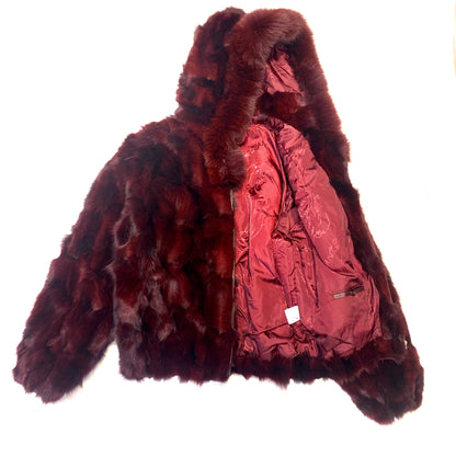 Kashani Women's Wine Full Fox Fur  Hooded Bomber Coat - Dudes Boutique