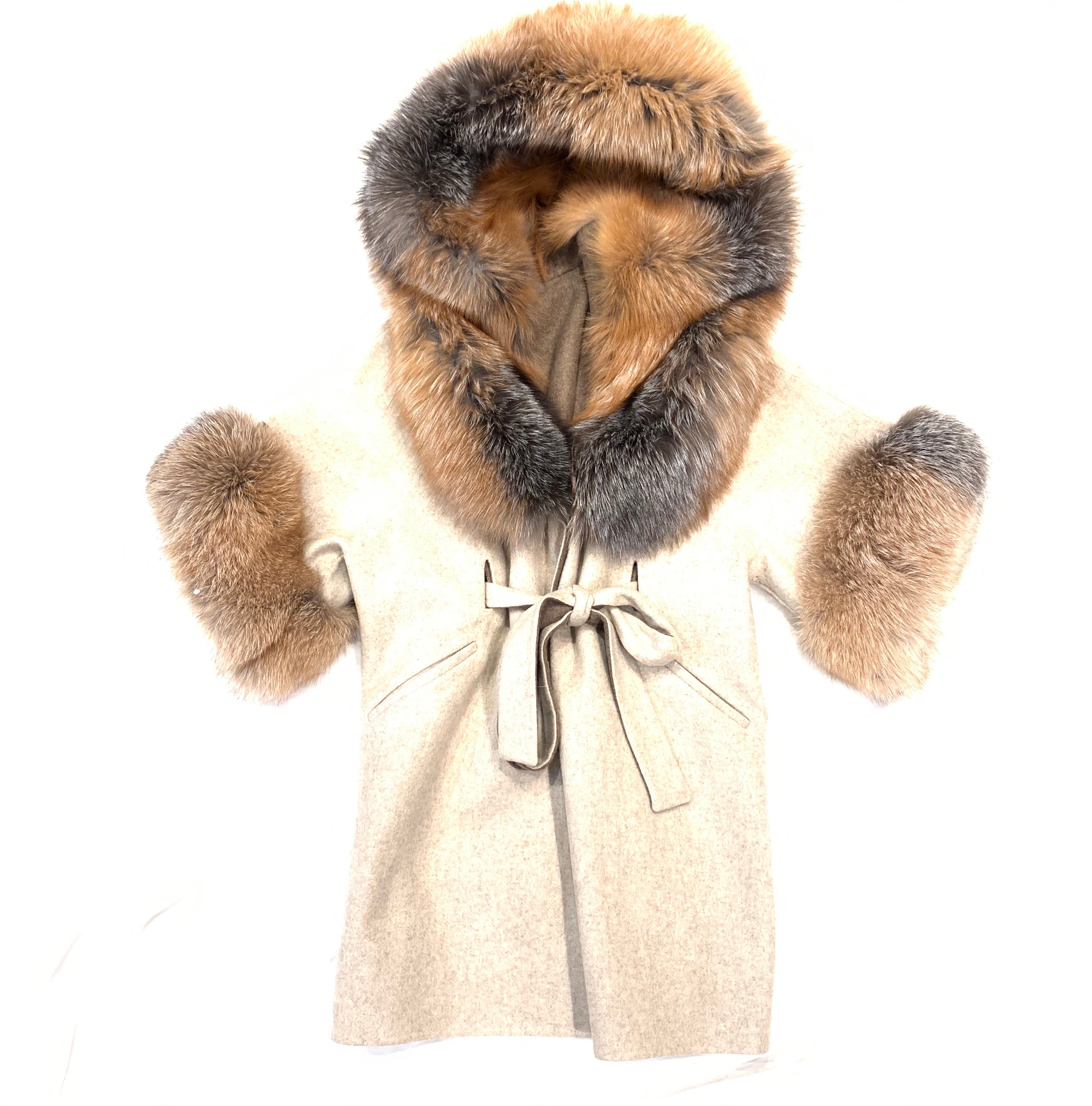 Barya NewYork White Wool Hooded Red Fox Fur 3/4 Poncho Coat - Dudes Boutique