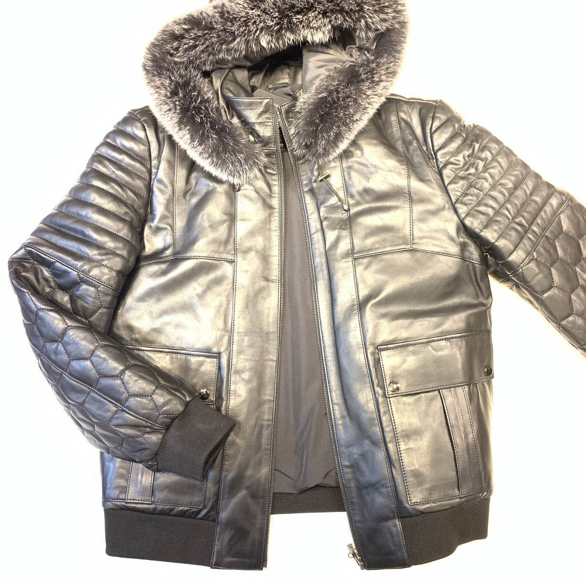 Barya NewYork Quilted Lambskin Silver Fox Fur Hooded Bomber Jacket - Dudes Boutique
