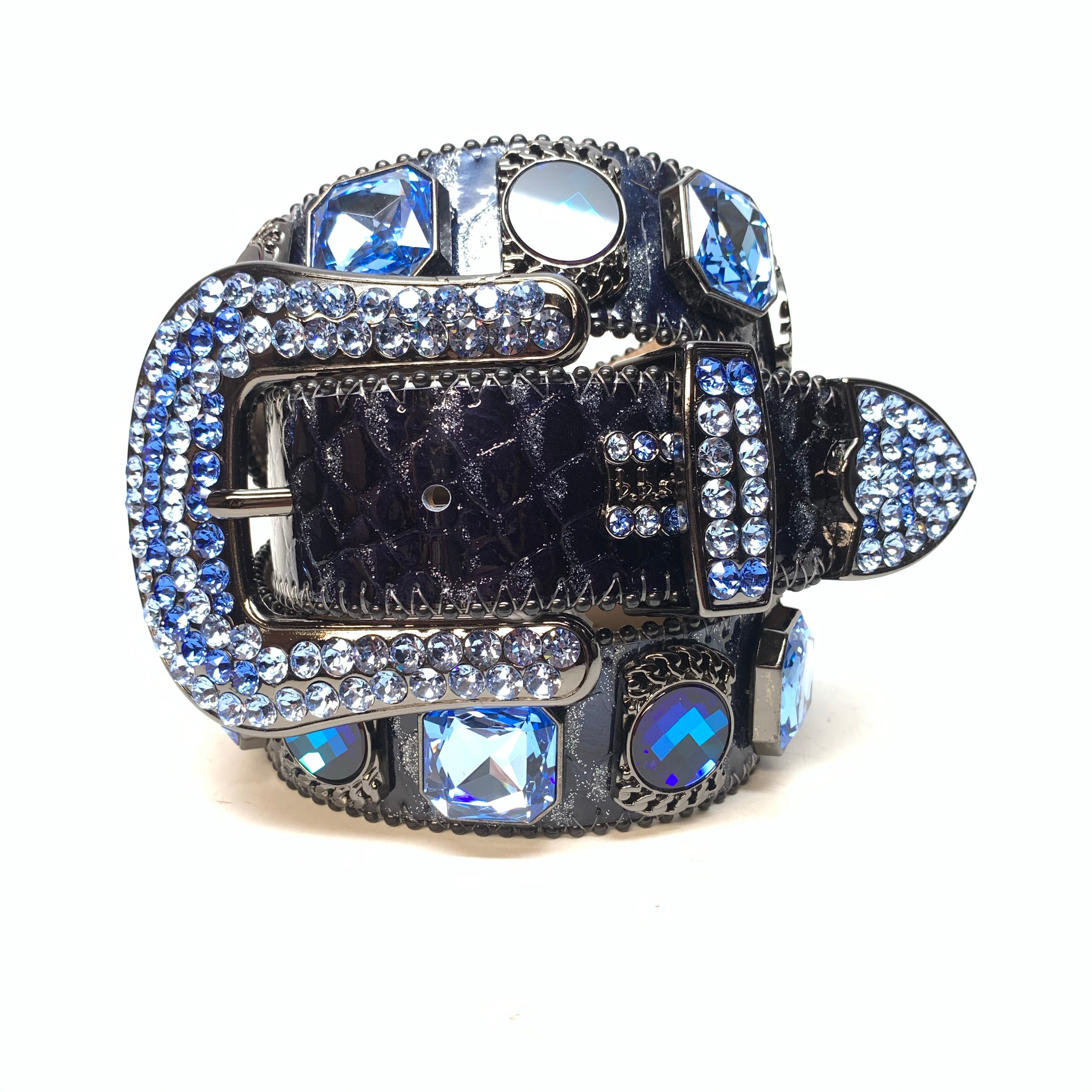 b.b. Simon 'Midnight Navy' Big Block Patent Python Crystal Belt - Dudes Boutique