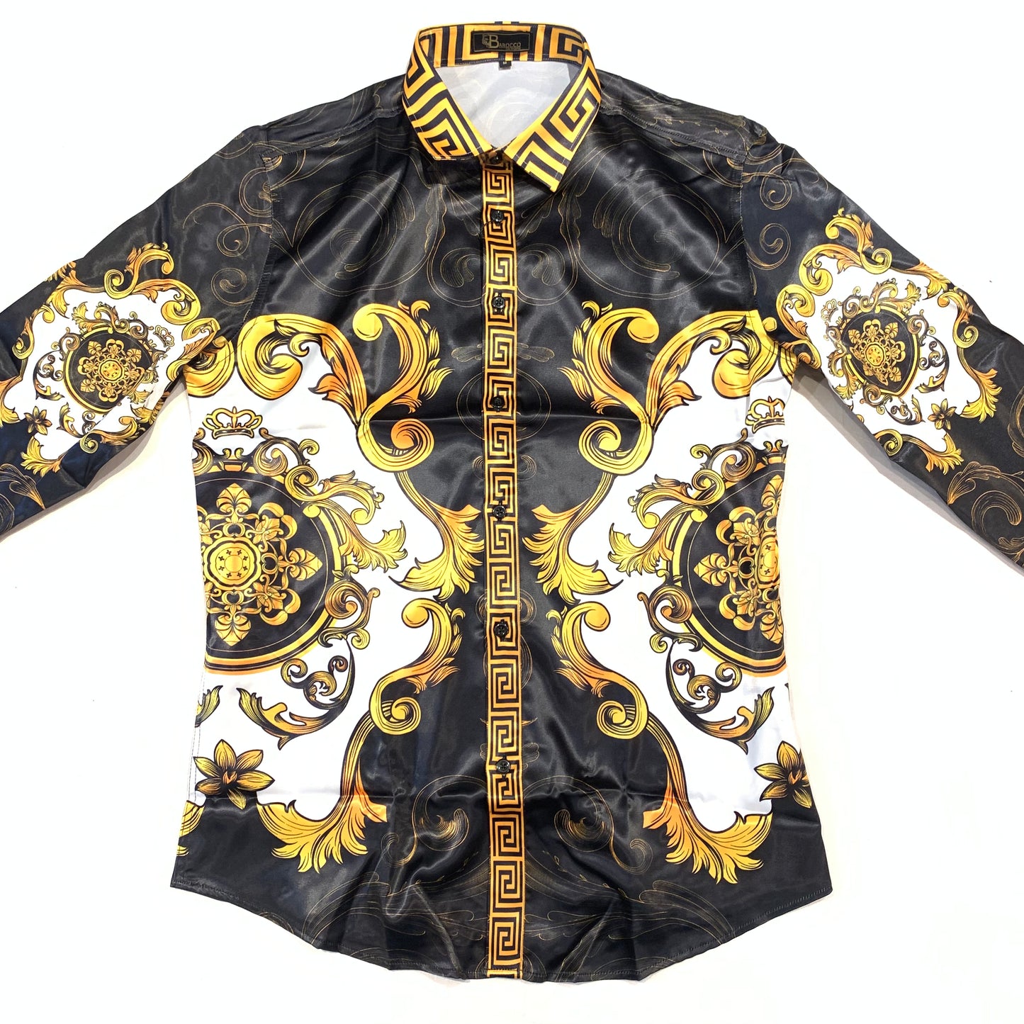 Barocco Men's Black Gold Garden Greek key Button Up Shirt - Dudes Boutique